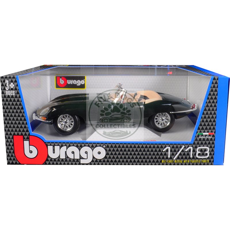 1961 jaguar e type convertible green 1/18 diecast model car by bburago