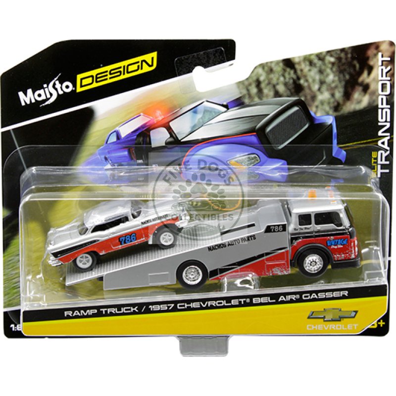 1957 chevrolet bel air gasser #786 silver and red with ramp tow truck "elite transport" 1/64 diecast models by maisto