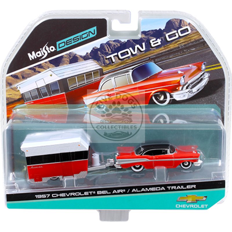 1957 chevrolet bel air with alameda trailer red tow & go 1/64 diecast model by maisto