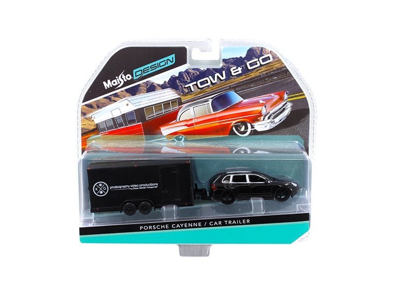 porsche cayenne black and car trailer tow & go 1/64 diecast model by maisto porsche cayenne black and car trailer tow & go 1/64 diecast model by maisto