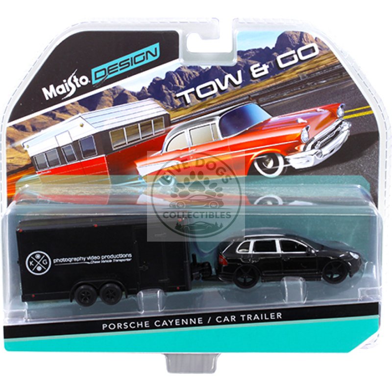 porsche cayenne black and car trailer tow & go 1/64 diecast model by maisto