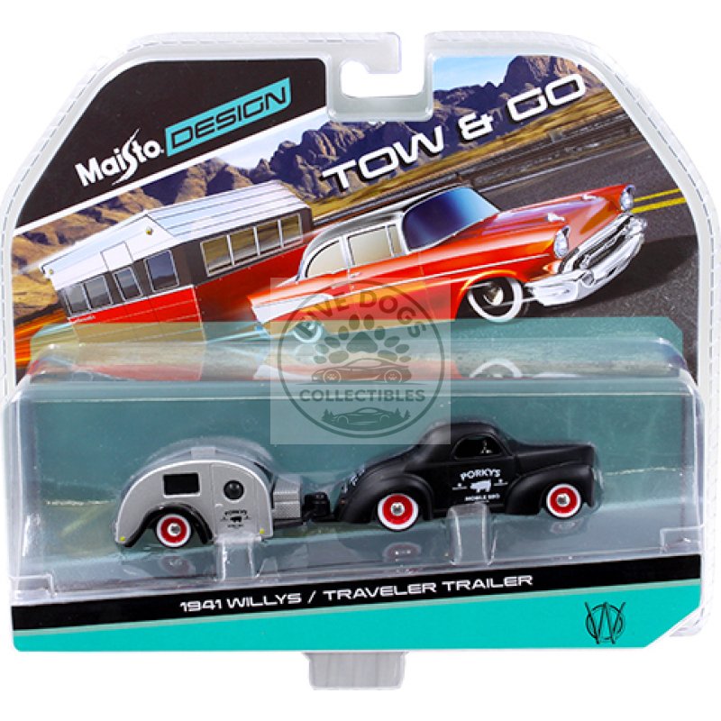 1941 willys matt black and traveler trailer tow & go 1/64 diecast model by maisto