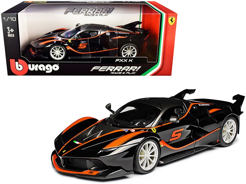 ferrari fxx k #5 fu songyang black with gray top and orange stripes 1/18 diecast model car by bburago ferrari fxx k #5 fu songyang black with gray top and orange stripes 1/18 diecast model car by bburago