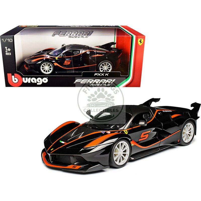 ferrari fxx k #5 fu songyang black with gray top and orange stripes 1/18 diecast model car by bburago