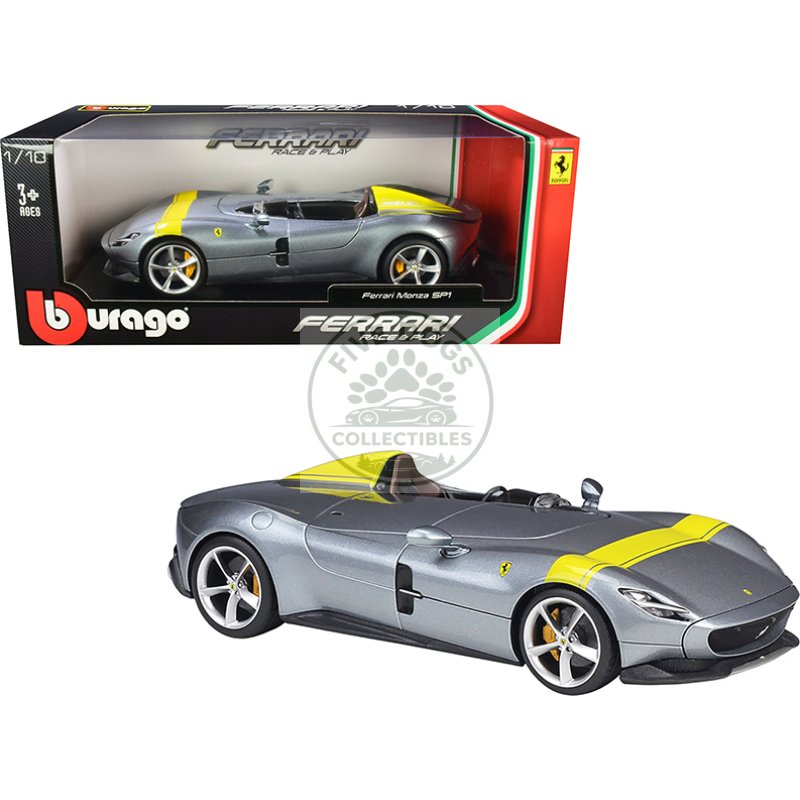 ferrari monza sp1 silver metallic with yellow stripes 1/18 diecast model car by bburago
