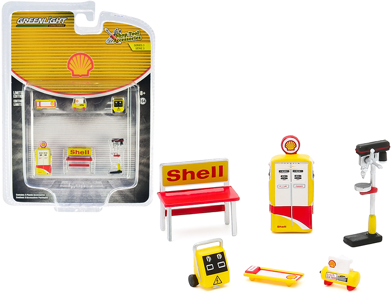 "shell oil" 6 piece shop tools set "shop tool accessories" series 3 1/64 by greenlight "shell oil" 6 piece shop tools set "shop tool accessories" series 3 1/64 by greenlight
