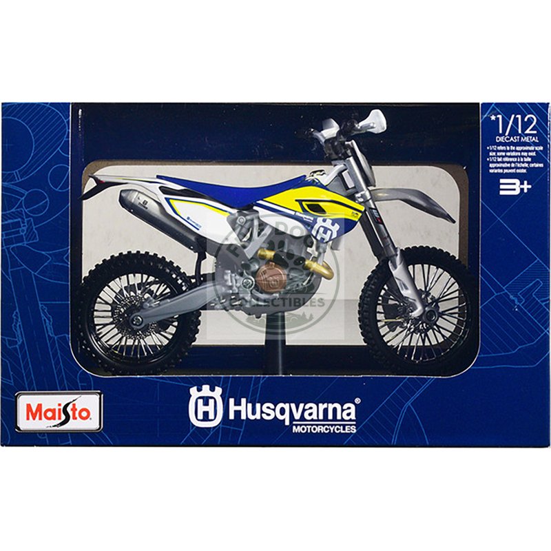 husqvarna fe 501 white and blue with yellow stripes 1/12 diecast motorcycle model by maisto