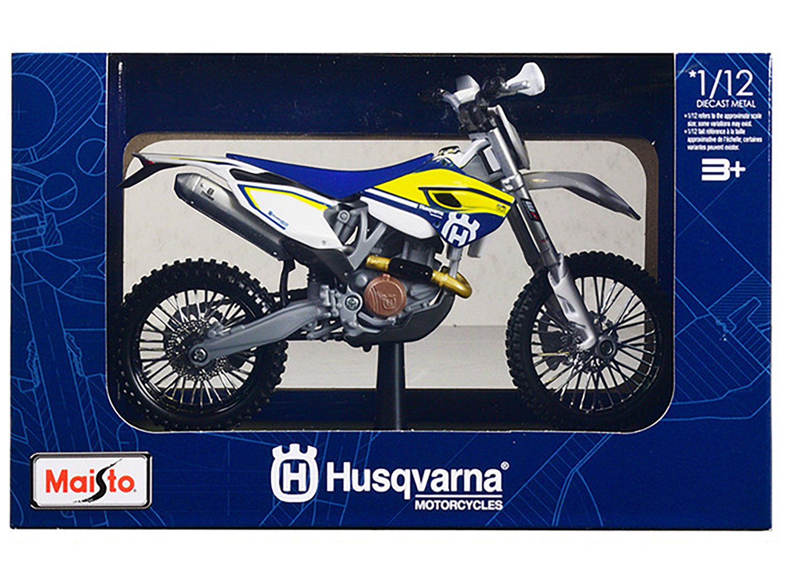 husqvarna fe 501 white and blue with yellow stripes 1/12 diecast motorcycle model by maisto husqvarna fe 501 white and blue with yellow stripes 1/12 diecast motorcycle model by maisto