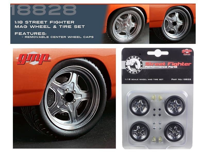 street fighter mag wheel and tire set of 4 pieces from "1970 plymouth roadrunner "the hammer" "fast & furious" movie 1/18 by gmp street fighter mag wheel and tire set of 4 pieces from "1970 plymouth roadrunner "the hammer" "fast & furious" movie 1/18 by gmp
