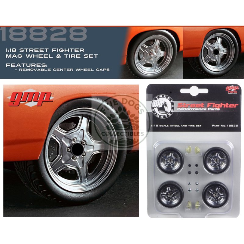 street fighter mag wheel and tire set of 4 pieces from "1970 plymouth roadrunner "the hammer" "fast & furious" movie 1/18 by gmp