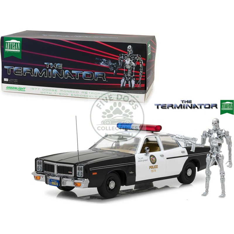 1977 dodge monaco metropolitan police with t 800 endoskeleton figurine "the terminator" (1984) movie 1/18 diecast model car by greenlight