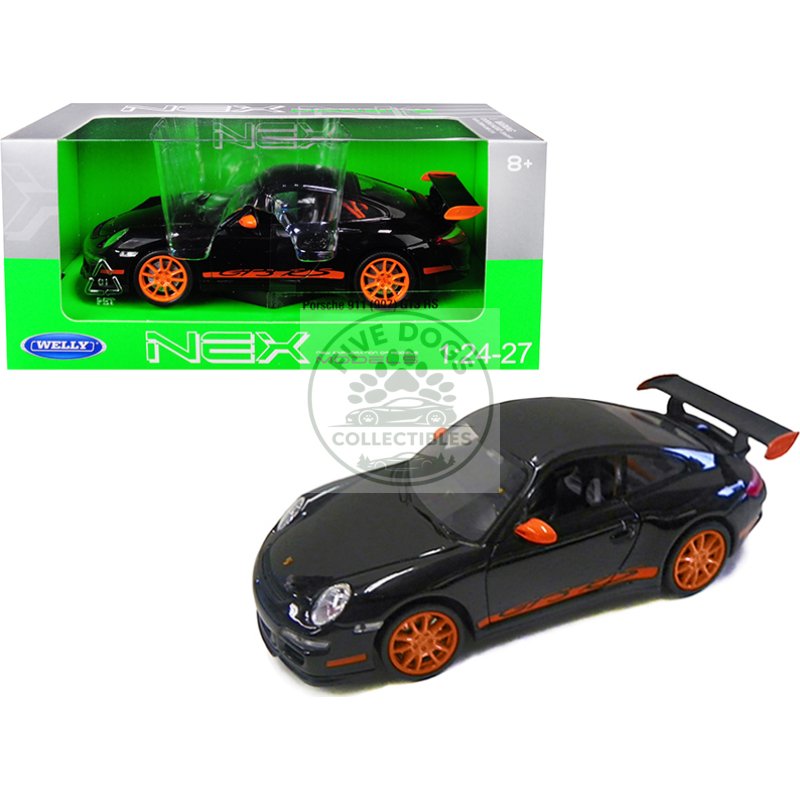 porsche 911 (997) gt3 rs black with orange accents 1/24 1/27 diecast model car by welly