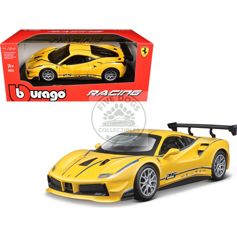 ferrari 488 challenge #25 yellow with blue stripes "ferrari racing" 1/24 diecast model car by bburago