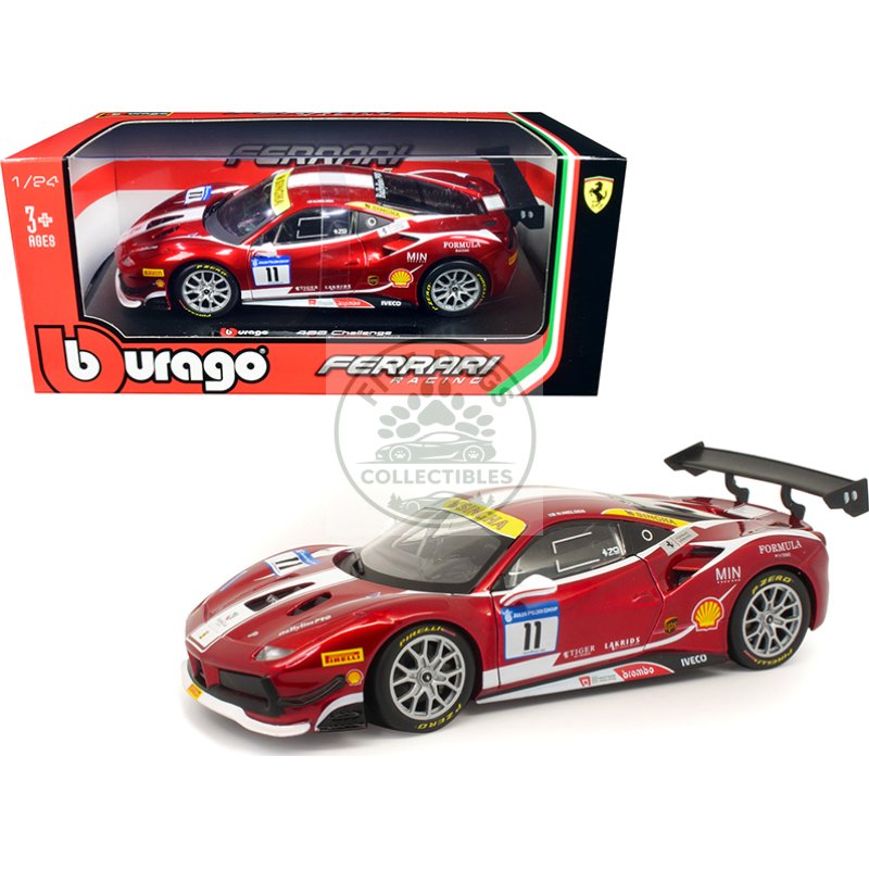 ferrari 488 challenge #11 candy red with white stripes "ferrari racing" 1/24 diecast model car by bburago