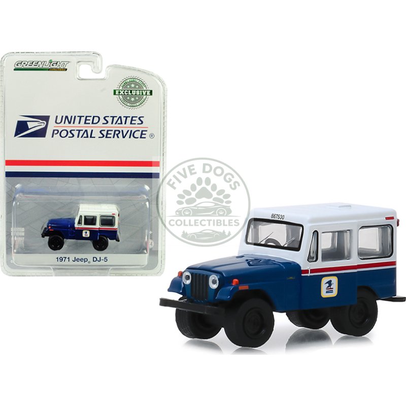 1971 jeep dj 5 blue and white "united states postal service" (usps) "hobby exclusive" 1/64 diecast model car by greenlight