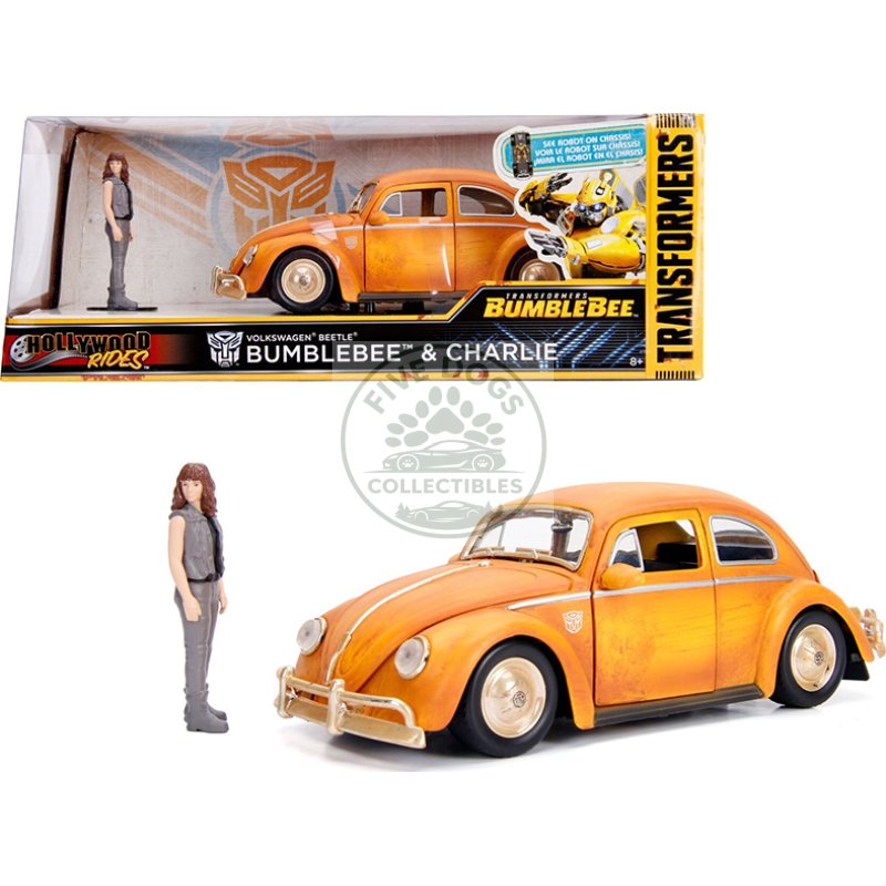 volkswagen beetle weathered yellow with robot on chassis and charlie diecast figurine "bumblebee" (2018) movie ("transformers" series) "hollywood rides" series 1/24 diecast model car by jada