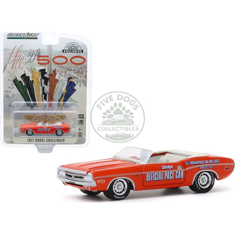 1971 dodge challenger convertible official pace car orange "55th indianapolis 500 mile race" "hobby exclusive" 1/64 diecast model car by greenlight