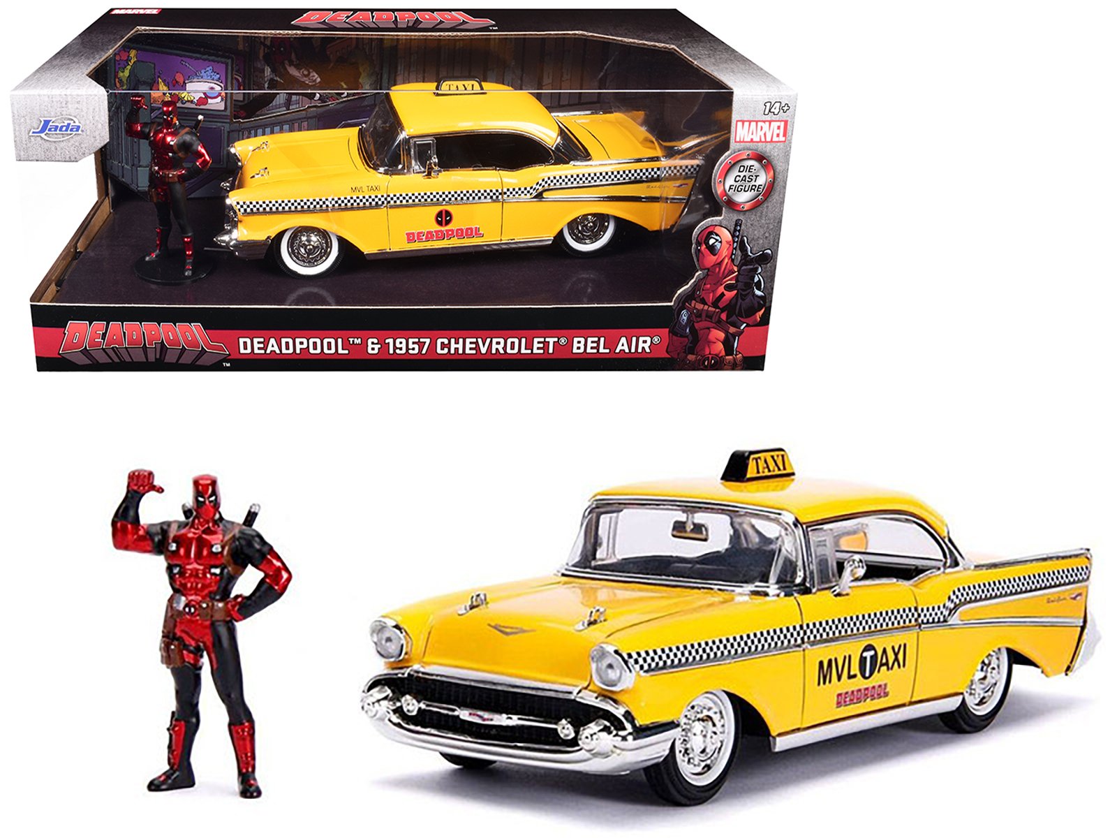 1957 chevrolet bel air taxi yellow with deadpool diecast figurine "marvel" series 1/24 diecast model car by jada 1957 chevrolet bel air taxi yellow with deadpool diecast figurine "marvel" series 1/24 diecast model car by jada