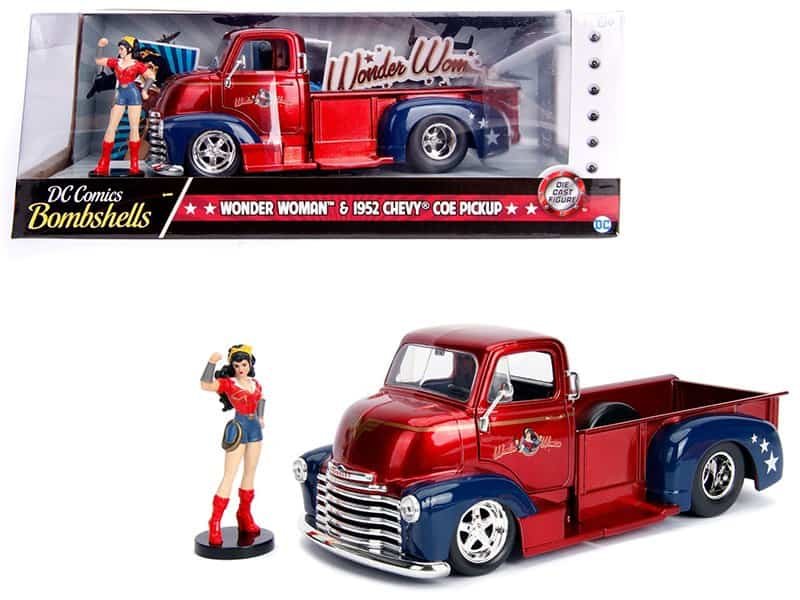 1952 chevrolet coe pickup truck candy red and blue with wonder woman diecast figure "dc comics bombshells" series "hollywood rides" 1/24 diecast model car by jada 1952 chevrolet coe pickup truck candy red and blue with wonder woman diecast figure "dc comics bombshells" series "hollywood rides" 1/24 diecast model car by jada