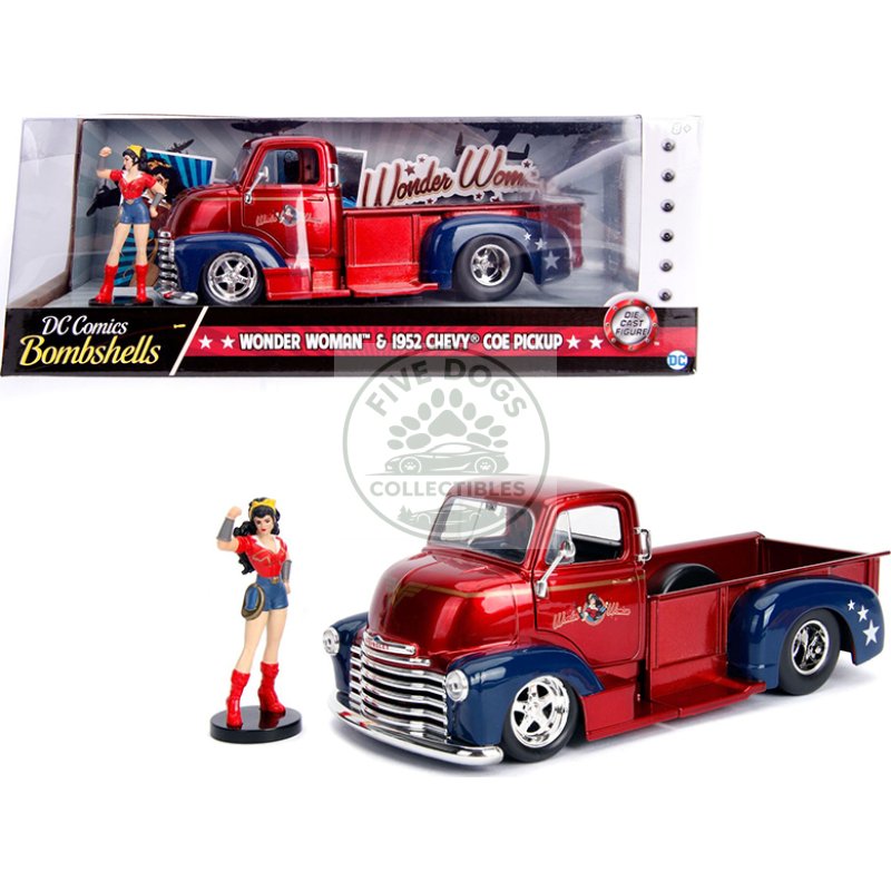 1952 chevrolet coe pickup truck candy red and blue with wonder woman diecast figure "dc comics bombshells" series "hollywood rides" 1/24 diecast model car by jada