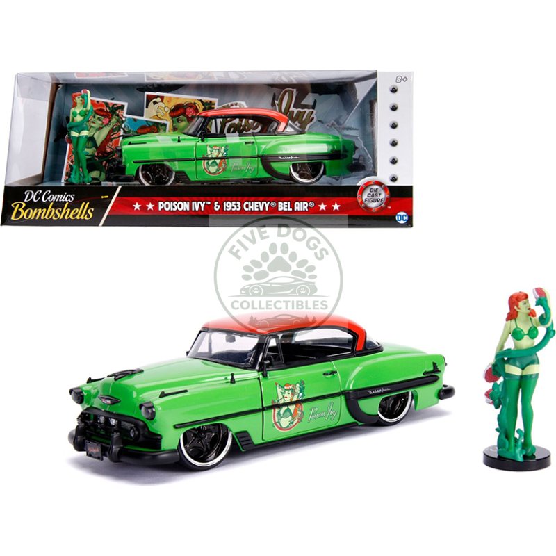 1953 chevrolet bel air green and red top with poison ivy diecast figure "dc comics bombshells" series 1/24 diecast model car by jada