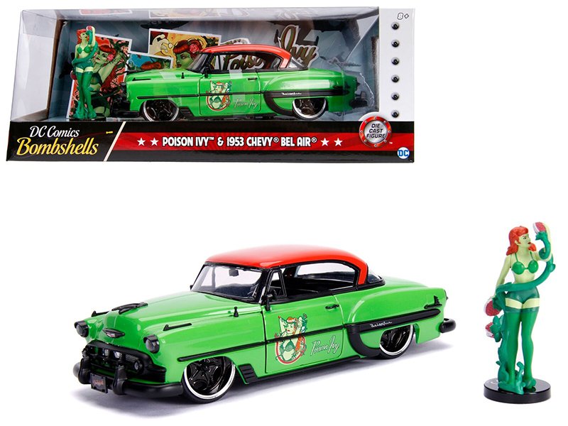 1953 chevrolet bel air green and red top with poison ivy diecast figure "dc comics bombshells" series 1/24 diecast model car by jada 1953 chevrolet bel air green and red top with poison ivy diecast figure "dc comics bombshells" series 1/24 diecast model car by jada