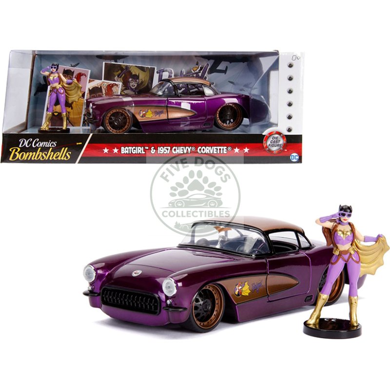 1957 chevrolet corvette purple with batgirl diecast figurine "dc comics bombshells" series 1/24 diecast model car by jada