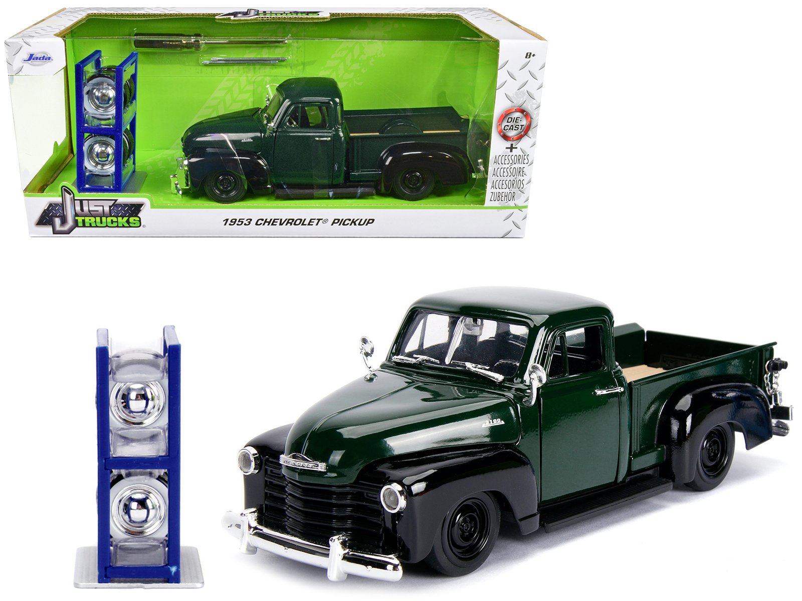 1953 chevrolet 3100 pickup truck green with extra wheels "just trucks" series 1/24 diecast model car by jada 1953 chevrolet 3100 pickup truck green with extra wheels "just trucks" series 1/24 diecast model car by jada