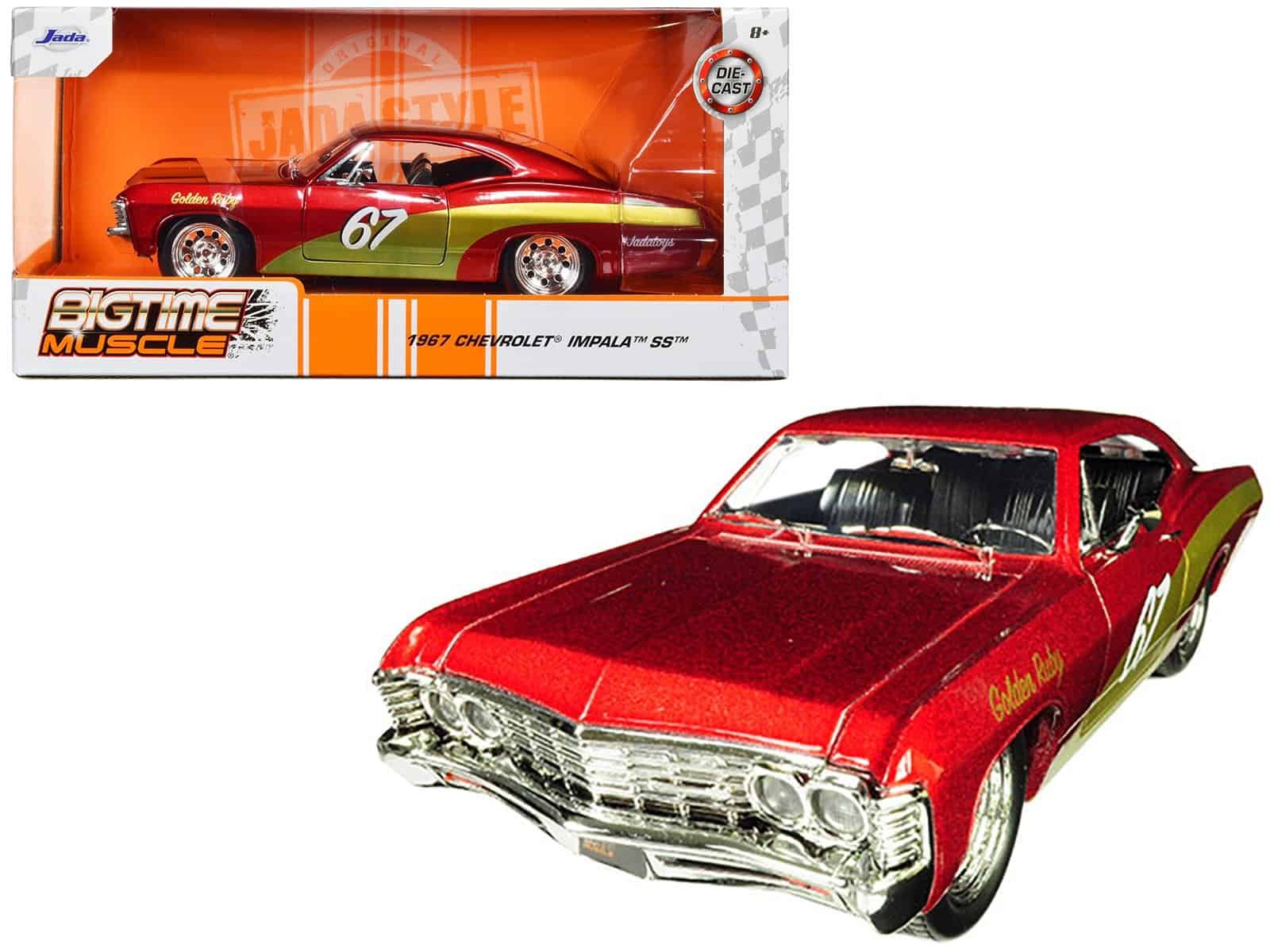 1967 chevrolet impala ss #67 "golden ruby" red with gold stripes "bigtime muscle" 1/24 diecast model car by jada 1967 chevrolet impala ss #67 "golden ruby" red with gold stripes "bigtime muscle" 1/24 diecast model car by jada