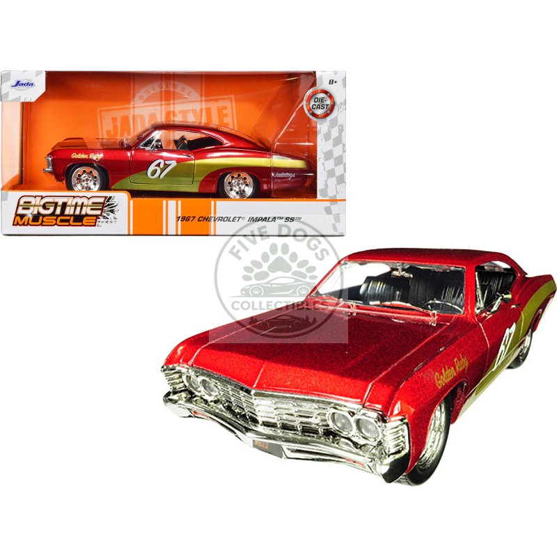 1967 chevrolet impala ss #67 "golden ruby" red with gold stripes "bigtime muscle" 1/24 diecast model car by jada