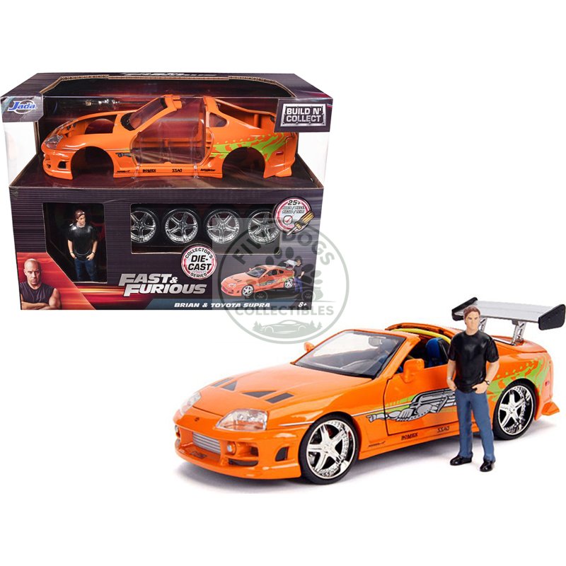 model kit toyota supra metallic orange with brian diecast figure "fast & furious" movie "build n' collect" 1/24 diecast model car by jada