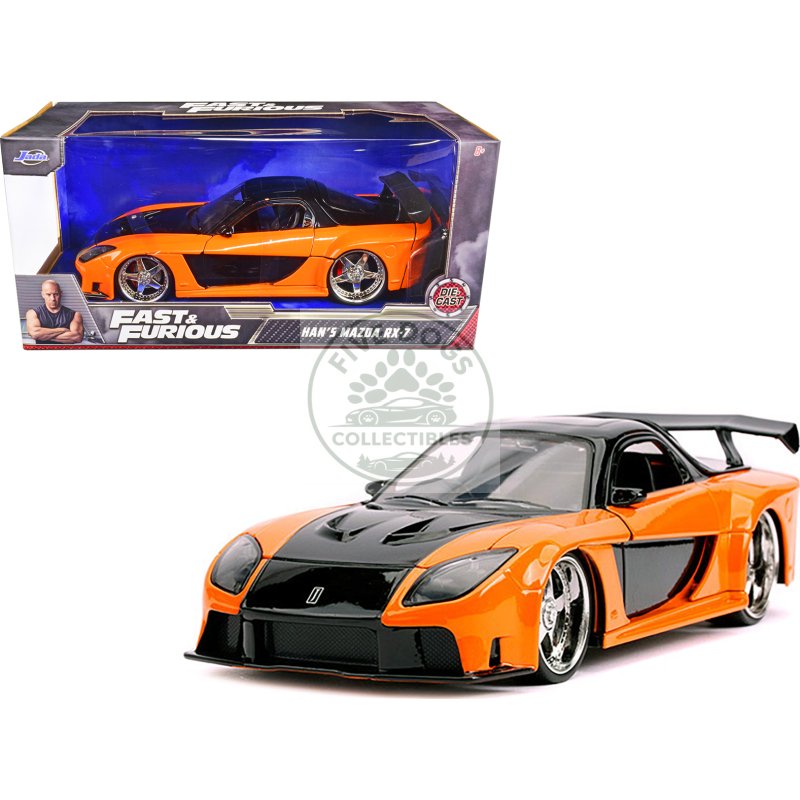han's mazda rx 7 rhd (right hand drive) orange and black "fast & furious" movie 1/24 diecast model car by jada