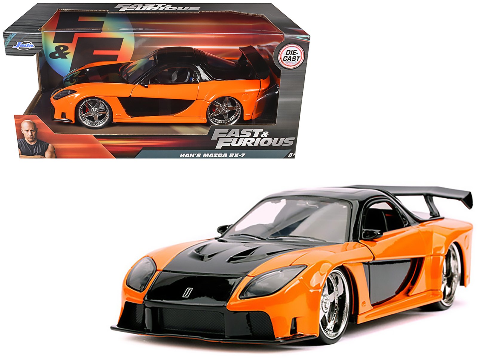 han's mazda rx 7 rhd (right hand drive) orange and black "fast & furious" movie 1/24 diecast model car by jada han's mazda rx 7 rhd (right hand drive) orange and black "fast & furious" movie 1/24 diecast model car by jada
