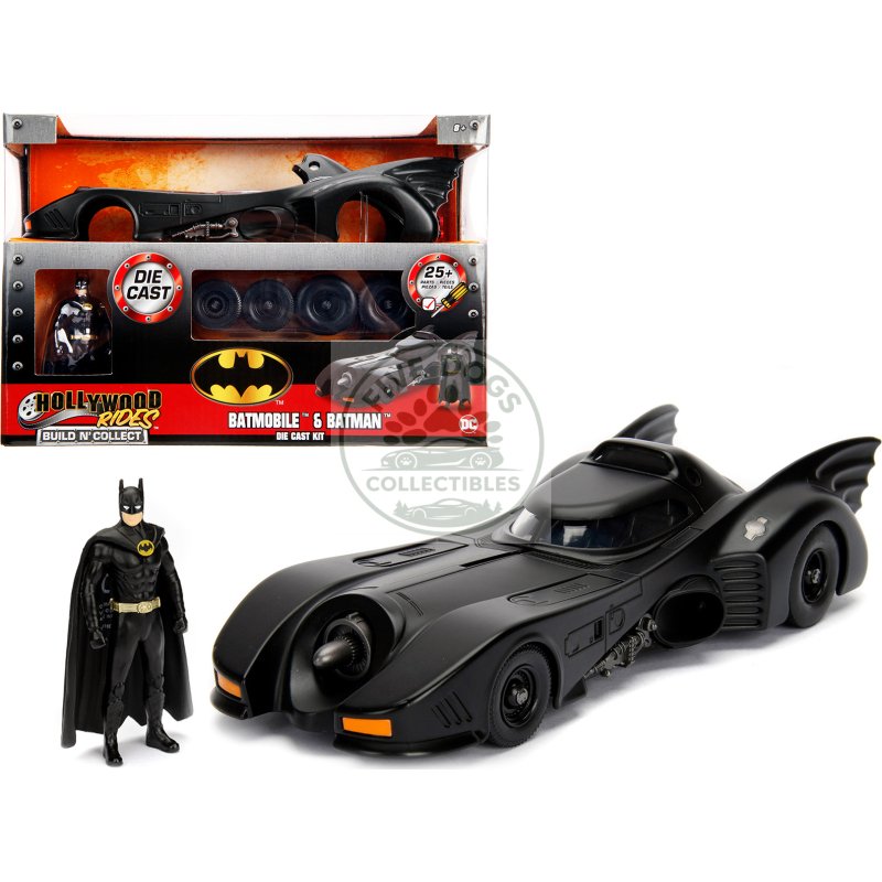 model kit batmobile matt black with batman diecast figurine "batman" (1989) movie "build n' collect" 1/24 diecast model car by jada