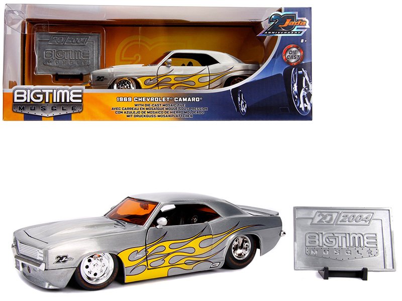 1969 chevrolet camaro raw metal with yellow flames "bigtime muscle" "jada 20th anniversary" 1/24 diecast model car by jada 1969 chevrolet camaro raw metal with yellow flames "bigtime muscle" "jada 20th anniversary" 1/24 diecast model car by jada