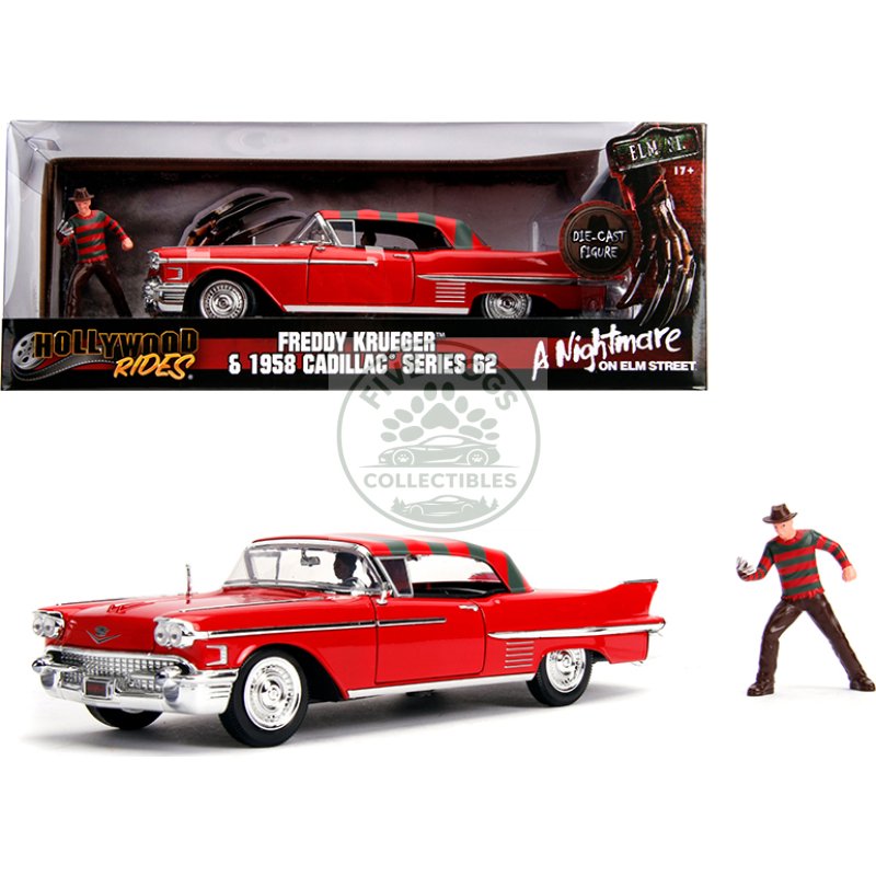 1958 cadillac series 62 red with freddy krueger diecast figurine "a nightmare on elm street" movie 1/24 diecast model car by jada