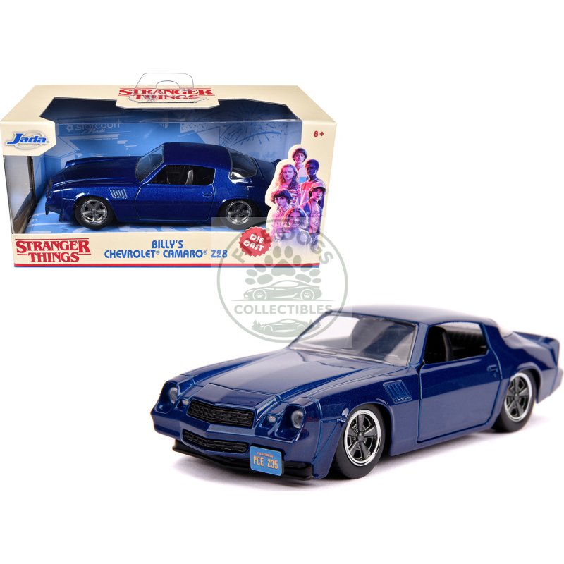 billy's chevrolet camaro z28 metallic dark blue "stranger things" (2016) tv series "hollywood rides" 1/32 diecast model car by jada