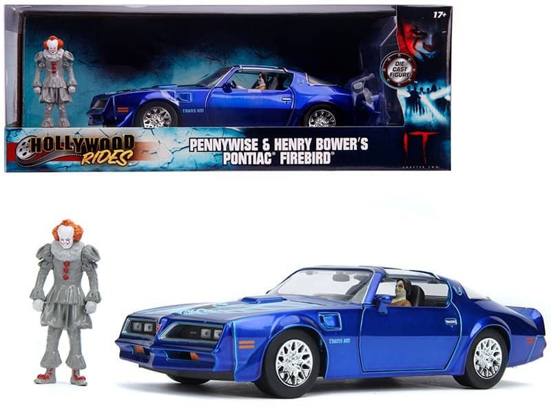 Pontiac Firebird collectible car with Pennywise and Henry Bower figures Detailed model of Pontiac Firebird with Pennywise and Henry Bower figures from IT movie.