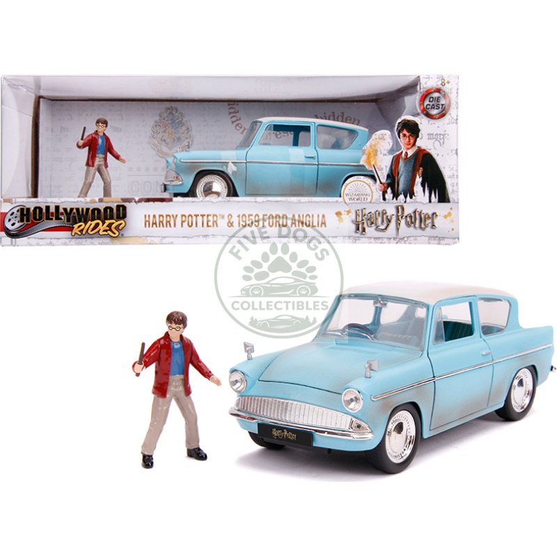 1959 ford anglia light blue (weathered) with harry potter diecast figurine 1/24 diecast model car by jada