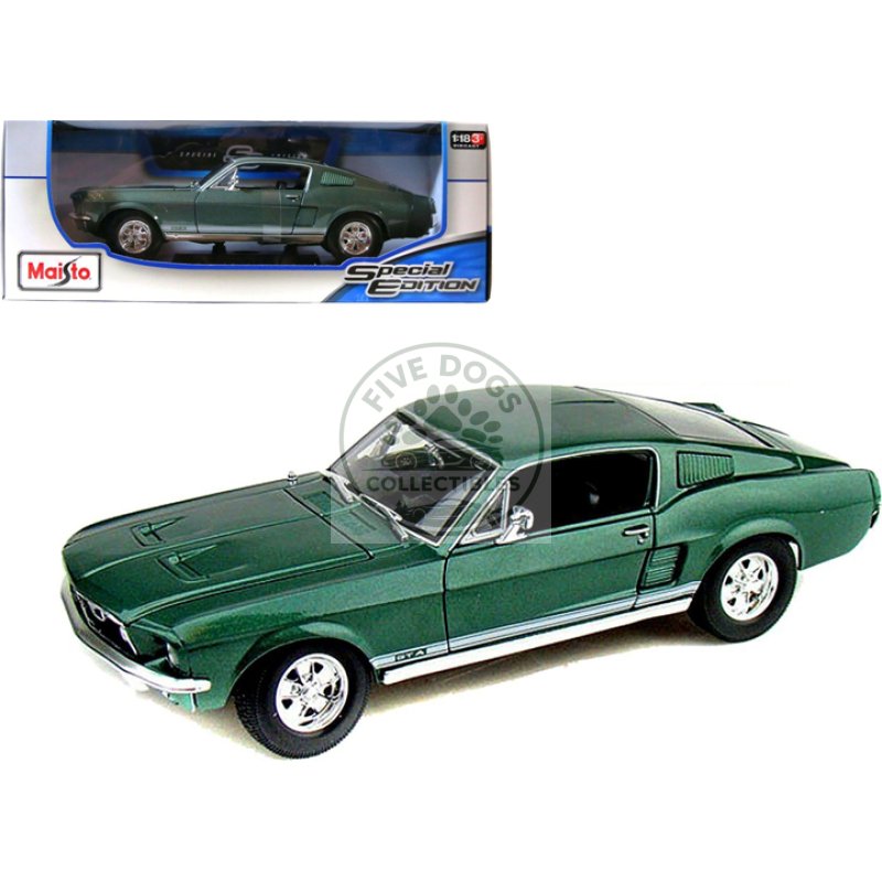 1967 ford mustang gta fastback green metallic with white stripes 1/18 diecast model car by maisto