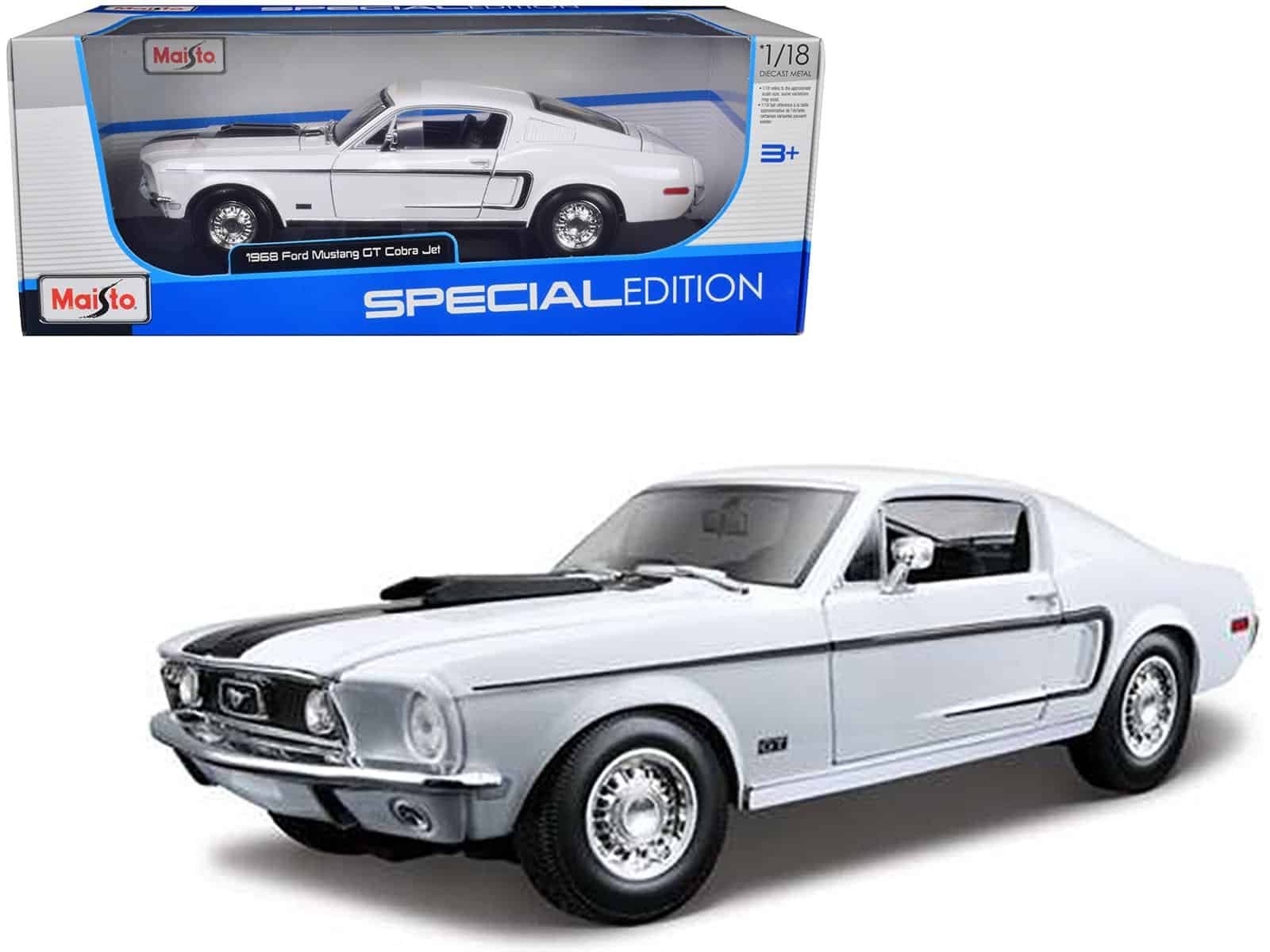 1968 Ford Mustang GT Collectible Model Detailed 1968 Ford Mustang GT diecast model in silver with black racing stripe.