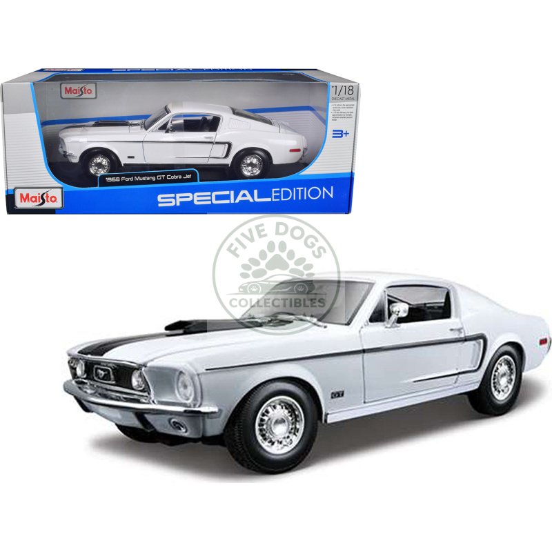 1968 ford mustang cj cobra jet white 1/18 diecast model car by maisto