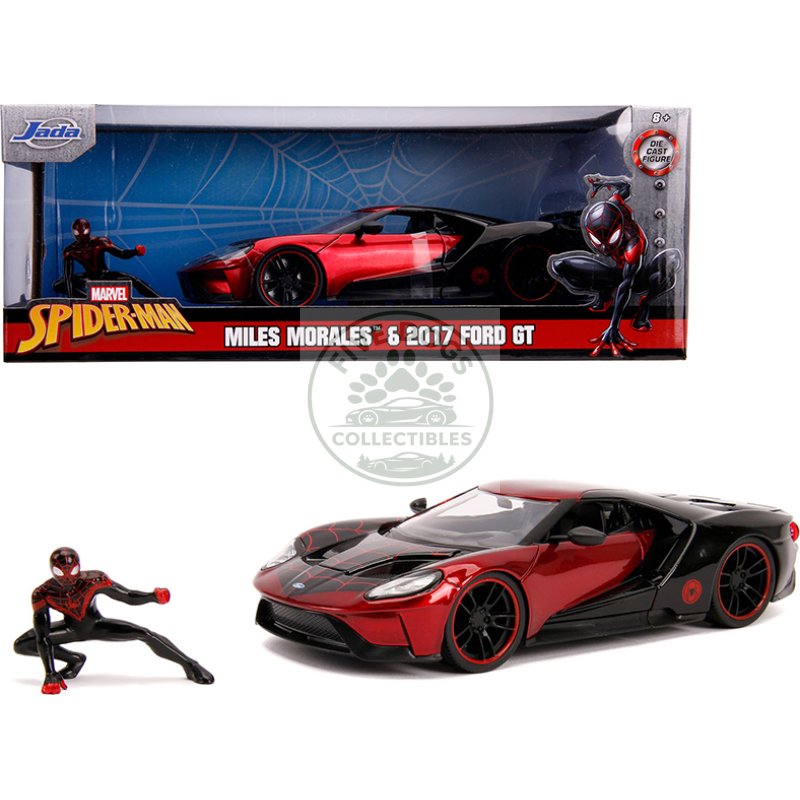 2017 ford gt with miles morales diecast figurine "spider man" "marvel" series 1/24 diecast model car by jada
