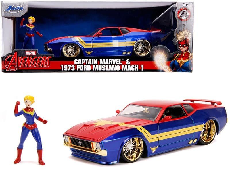 Captain Marvel 1973 Ford Mustang Mach 1 diecast car with superhero figure Diecast Captain Marvel 1973 Ford Mustang Mach 1 with superhero figure, collectible Marvel Avengers c.