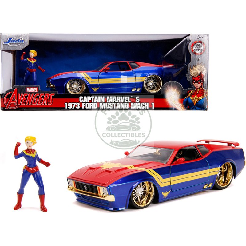 1973 ford mustang mach 1 with captain marvel diecast figurine "avengers" "marvel" series 1/24 diecast model car by jada