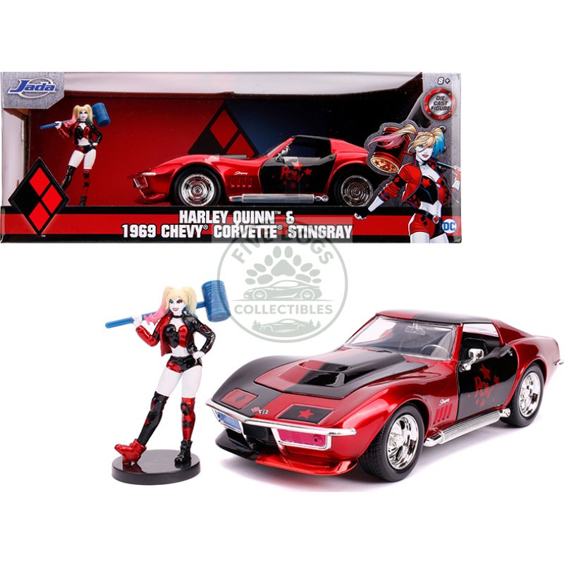 1969 chevrolet corvette stingray with harley quinn diecast figurine "dc comics" series 1/24 diecast model car by jada
