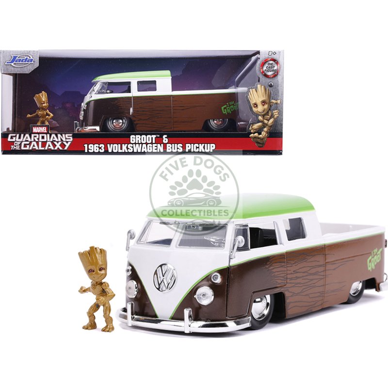 1963 volkswagen bus pickup truck with groot diecast figurine "guardians of the galaxy" "marvel" series 1/24 diecast model car by jada