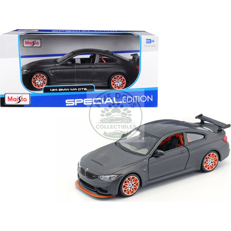 bmw m4 gts gray with carbon top and orange wheels 1/24 diecast model car by maisto