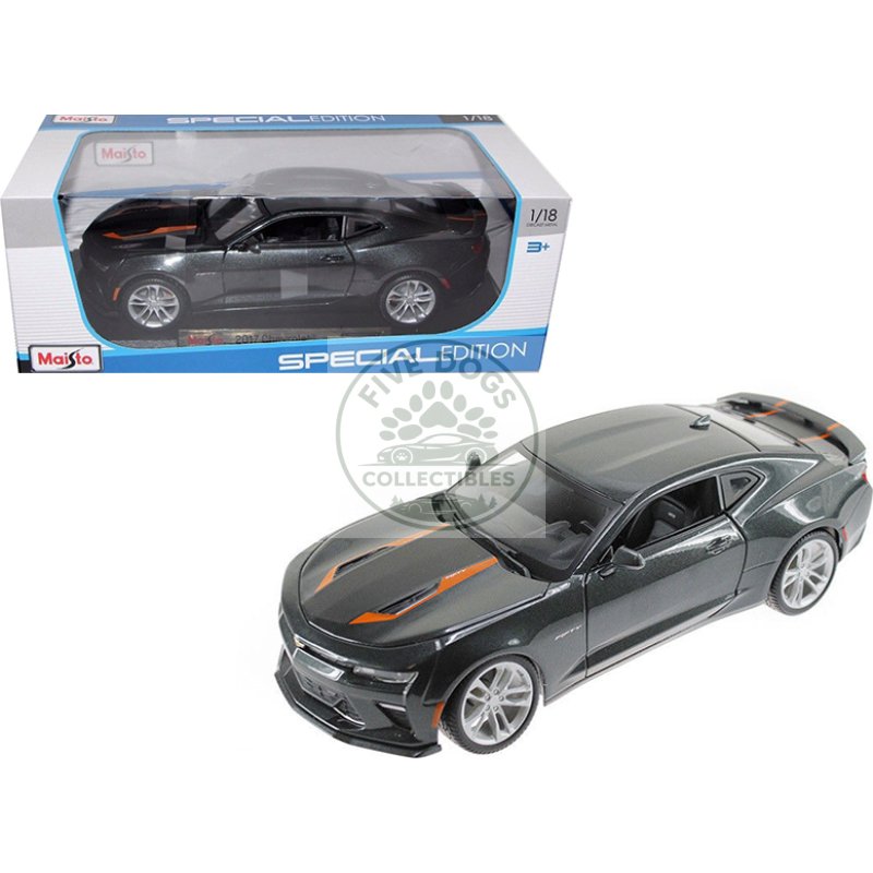 2017 chevrolet camaro ss gray metallic with orange stripes "50th anniversary" "special edition" series 1/18 diecast model car by maisto