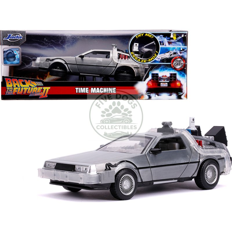 delorean brushed metal time machine with lights (flying version) "back to the future part ii" (1989) movie "hollywood rides" series 1/24 diecast model car by jada